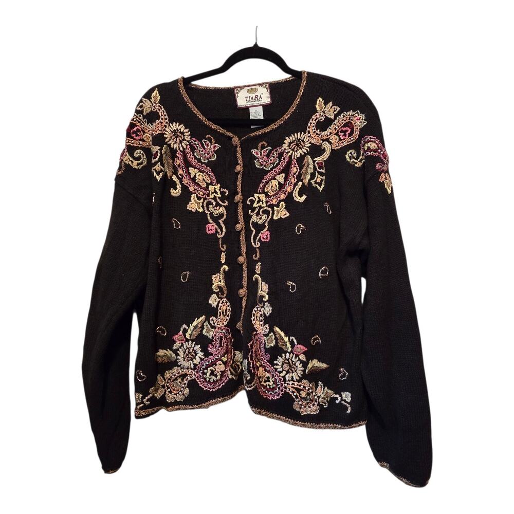 Vintage Tiara Floral Embroidered Cardigan Womens XLG‎ Black Beaded Cottagecore